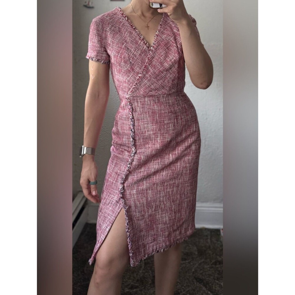 Banana Republic Pink Tweed Faux Wrap Fringe Sheath Dress Size 0